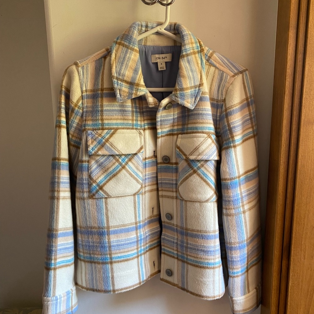 Dressy Women's Plaid Utility Jacket in Cream and Blue / Never worn